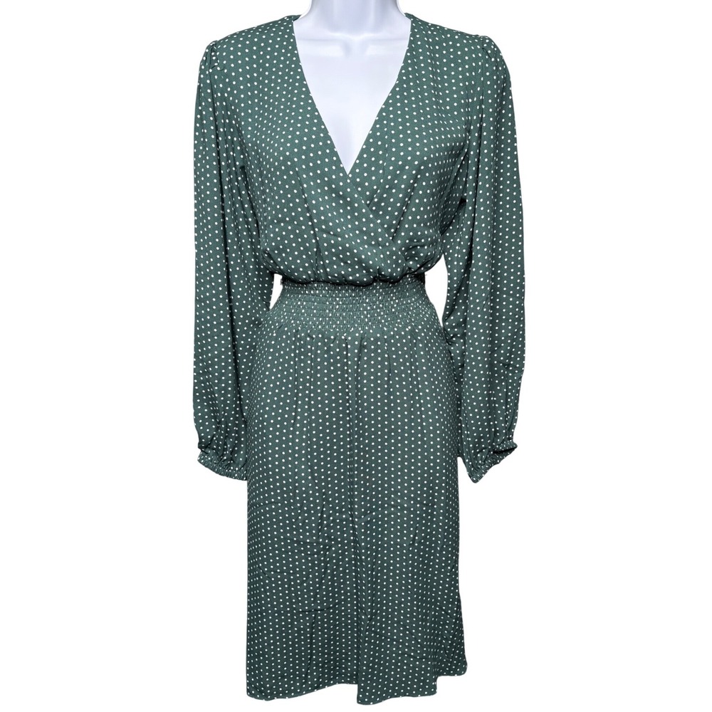 DRAPER JAMES RSVP Womens Green Polka Dot Midi Dress M Smocked Waist Modest Femme